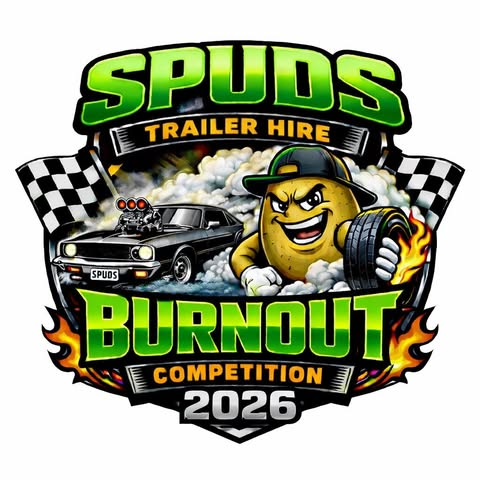 Promotional graphic for Spuds Trailer Hire Burnout Competition 2026 featuring a cartoon potato and car.