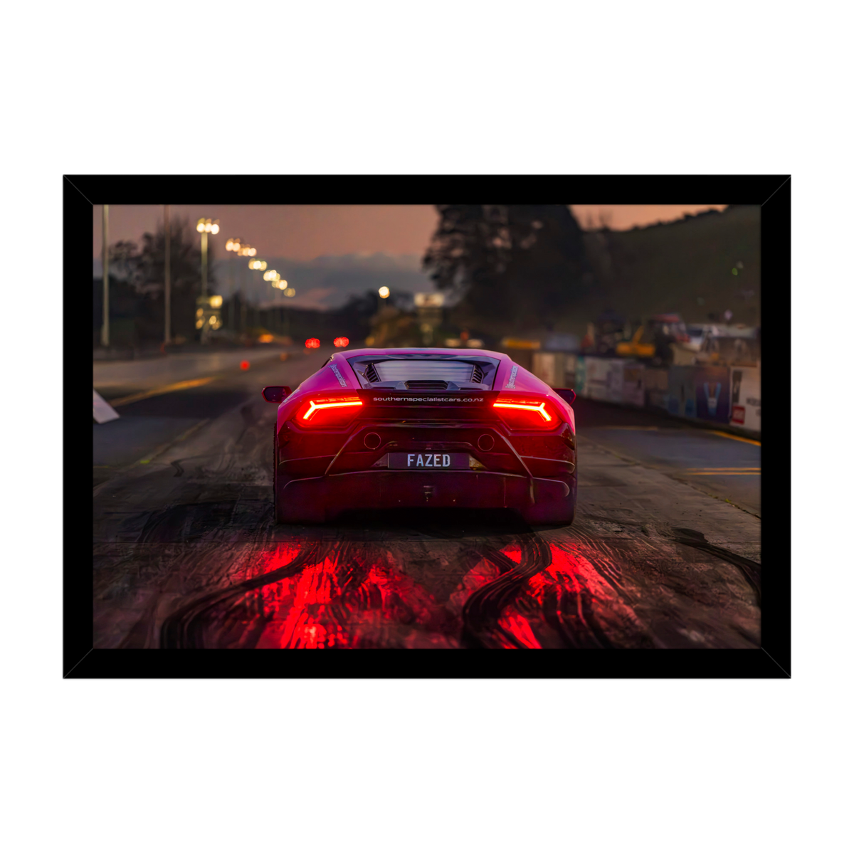Rear view Lamborghini at dusk with glowing red taillights automotive wall art