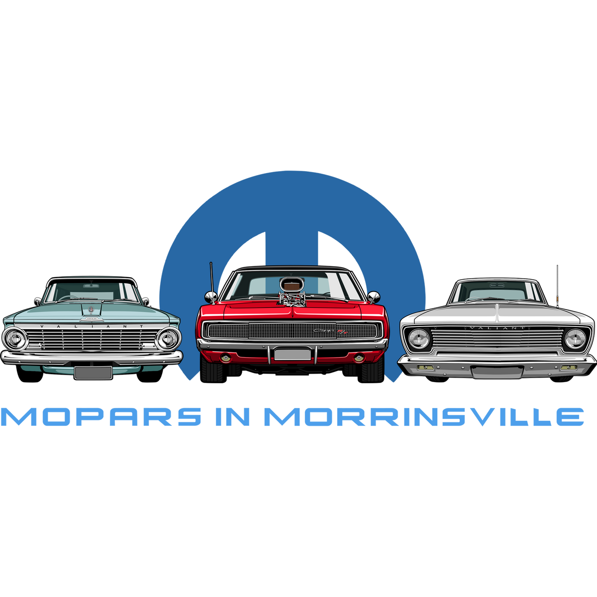 Mopars in Morrinsville event logo featuring three classic American cars and a blue Mopar symbol.